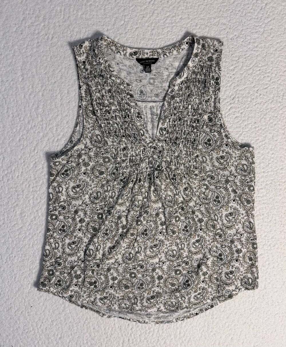 Lucky Brand Floral Print Sleeveless Smocked V-Neck Tank Top